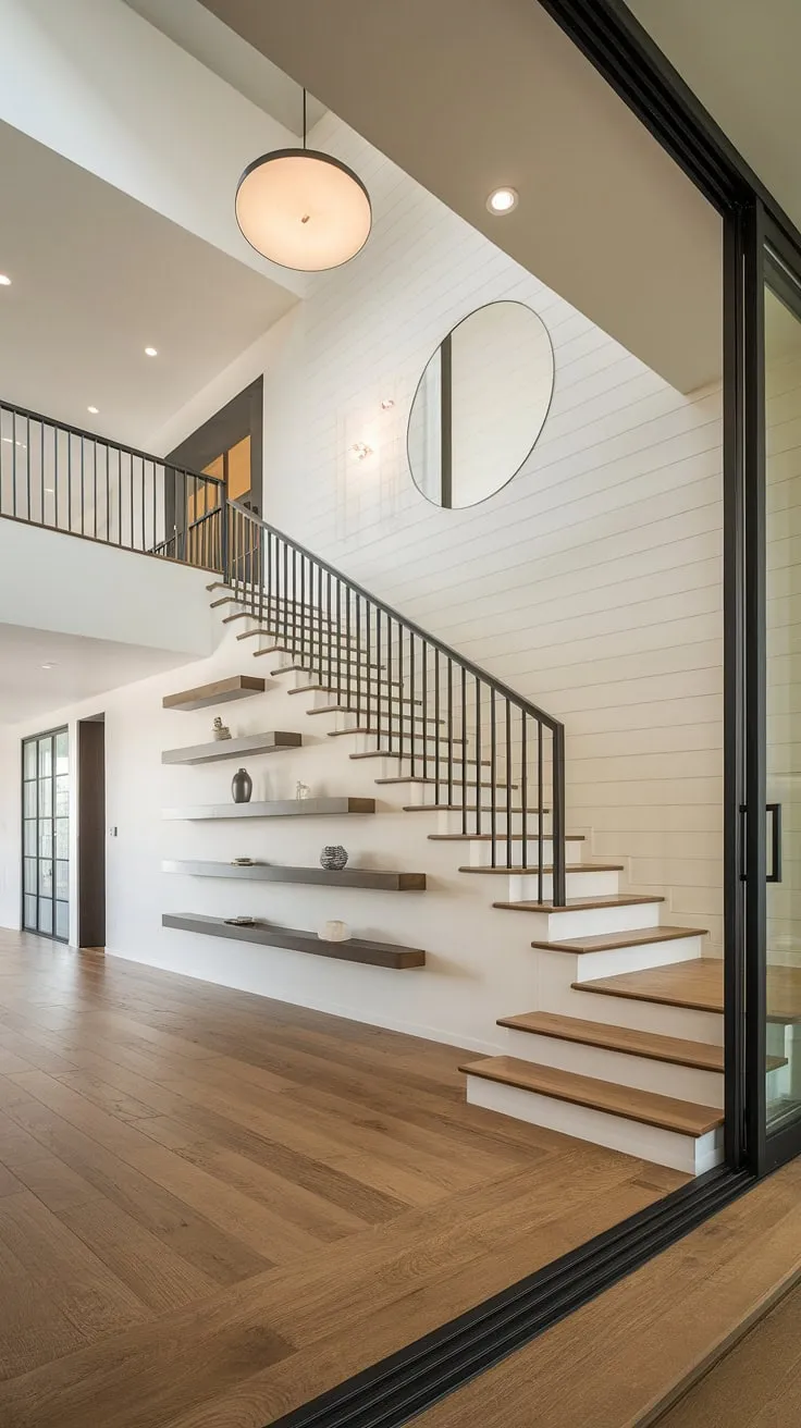 A breathtaking view of the home staircase design within this villa's foyer.  The staircase home design is a masterpiece of contemporary interior design, perfectly integrated with the villa flooring ideas and overall downstairs design ideas, making this foyer and staircase entryway a true statement of villa architecture and below stairs interior design.