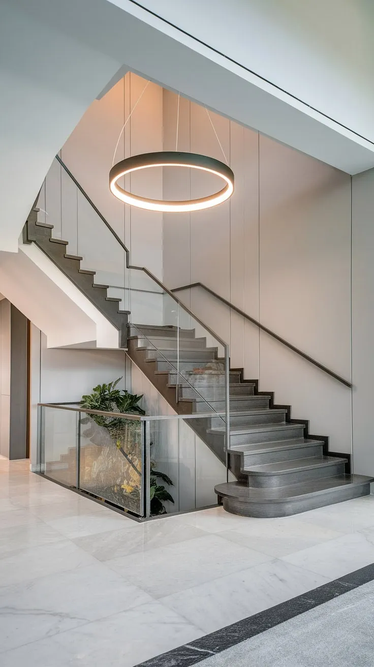 A contemporary foyer sets the stage for this stunning villa.  The elegant staircase, a masterpiece of home staircase design, commands attention as it ascends, showcasing exquisite villa flooring ideas and highlighting the sophisticated downstairs design ideas and below stairs interior design. This foyer and staircase entryway is a testament to exceptional villa architecture and interior design.