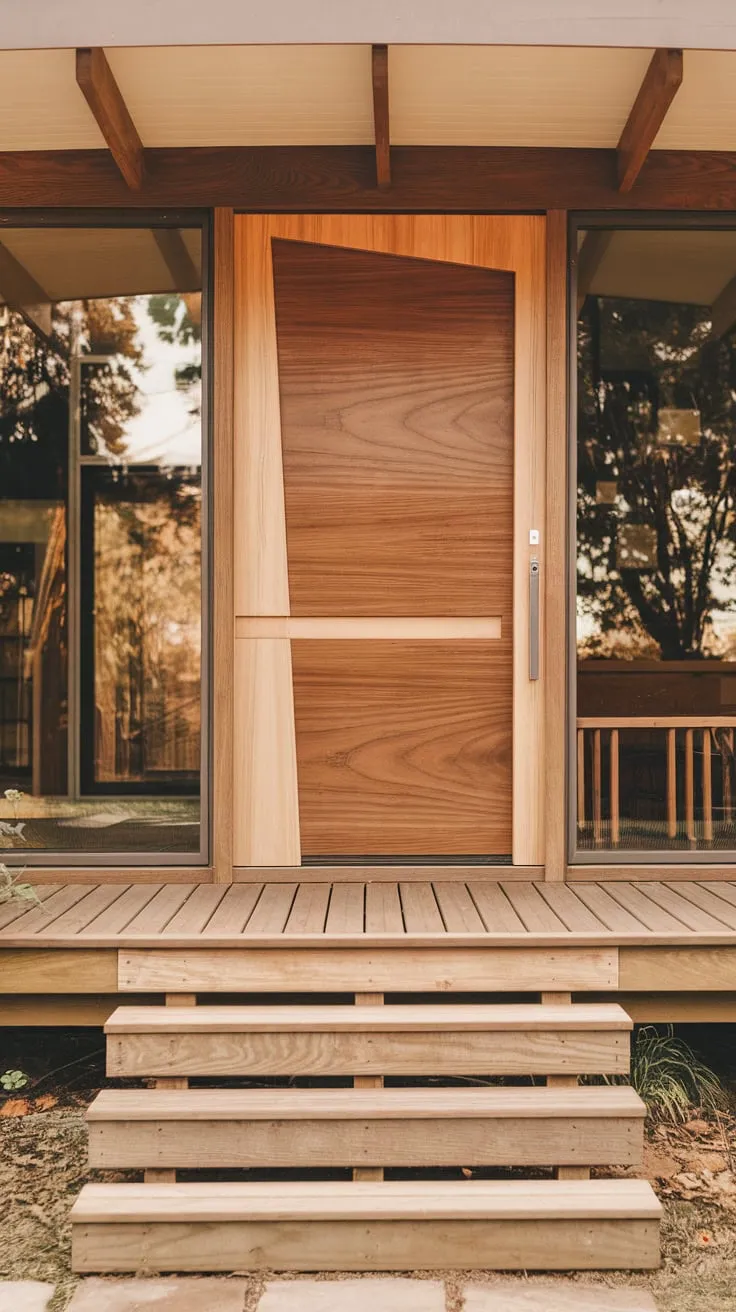 Warm and Inviting Modern Porch Featuring a Stylish Wooden Door