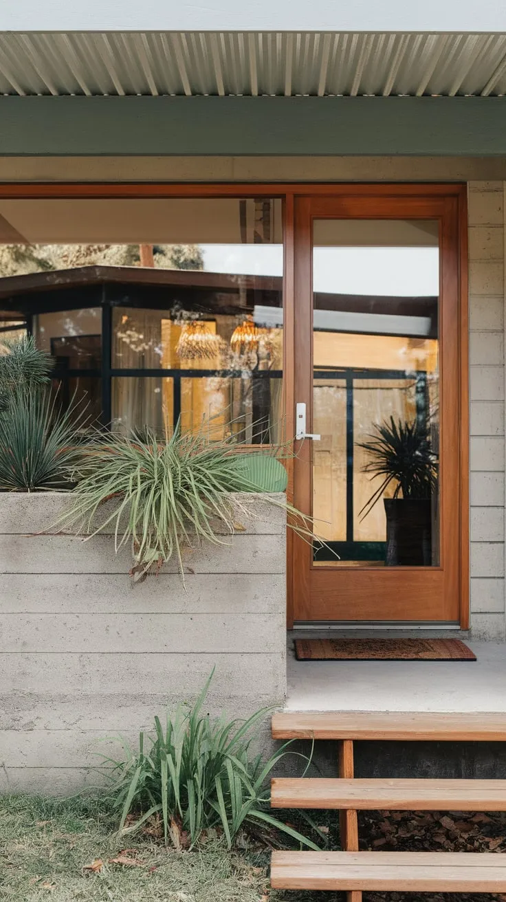 Stylish Porch Featuring a Modern Door and Lush Greenery