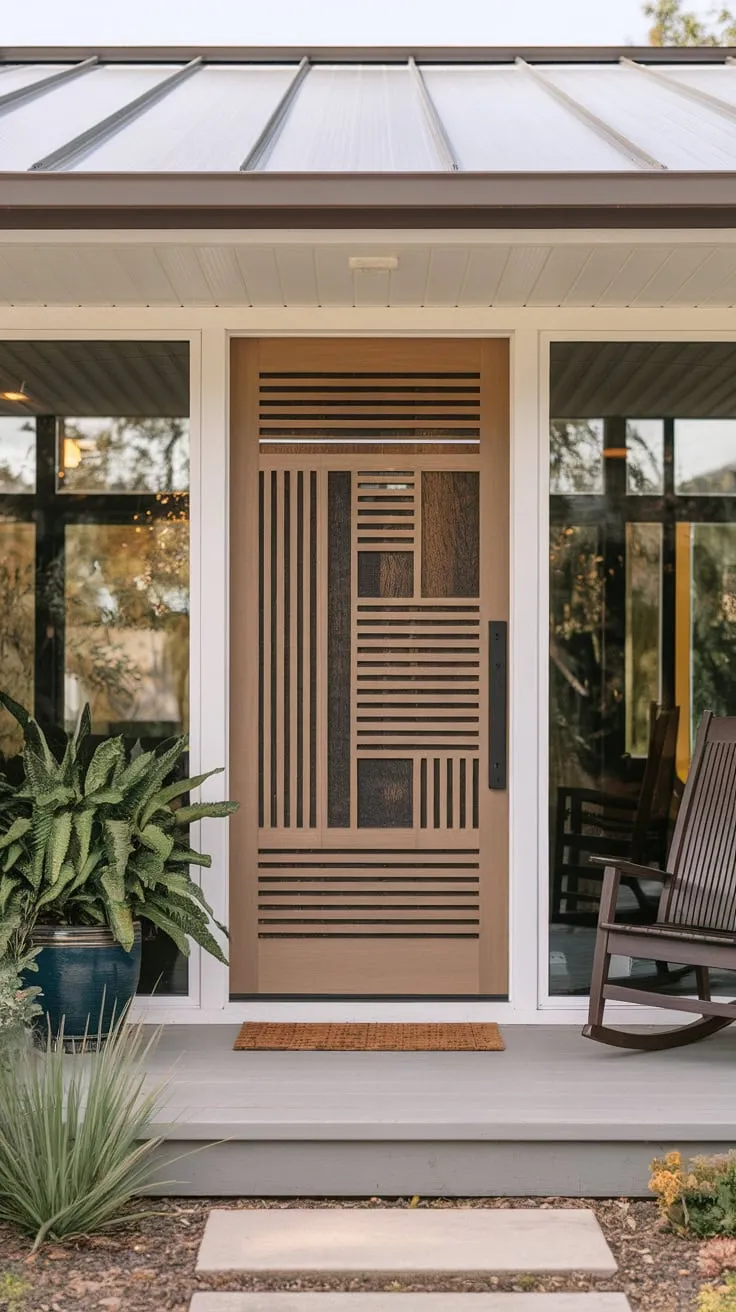 Chic Modern Porch with Unique Slatted Door