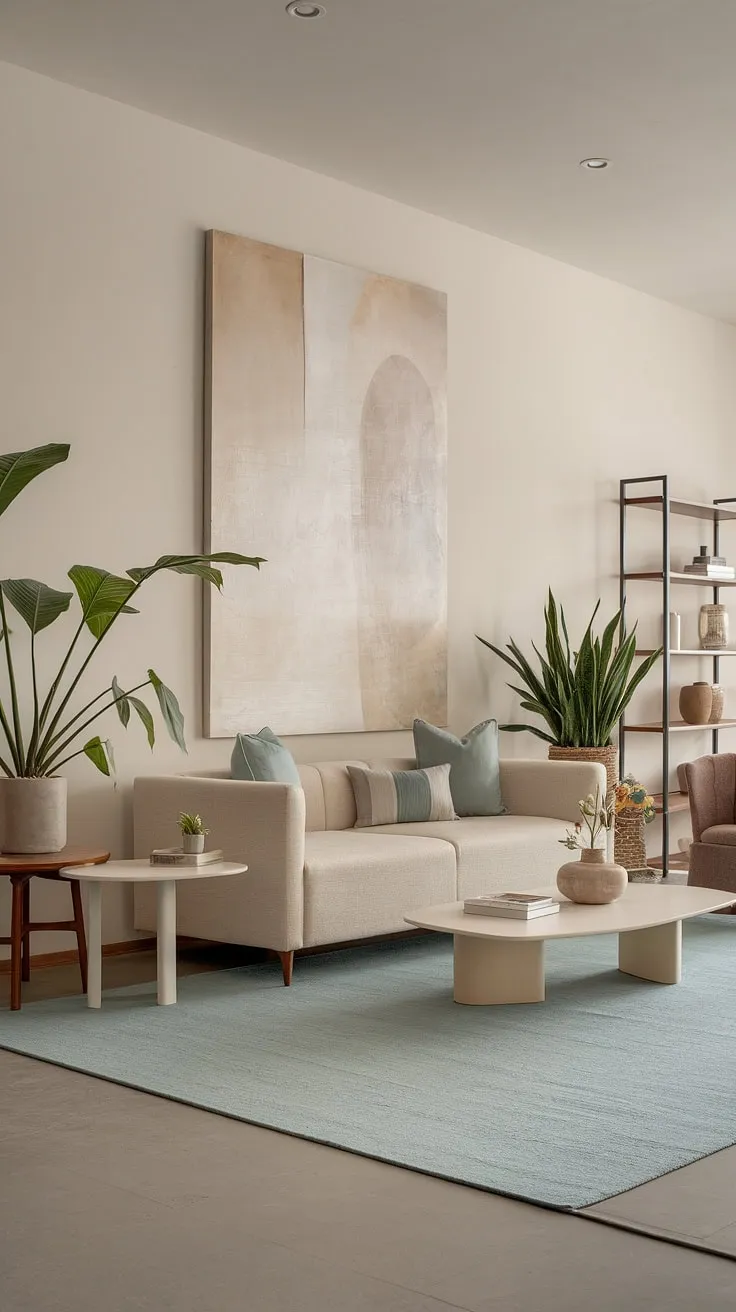 This contemporary living room is a masterclass in home design.  The light and airy space, featuring a calming neutral palette and thoughtful living room decor, exemplifies the best of contemporary interior design.  Subtle wooden accents and a splash of blue add warmth and personality to this beautifully curated house interior decor.