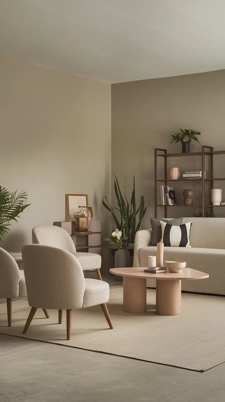 Subtle elegance defines this contemporary living room.  The soft color palette and curated selection of furniture and plants create a sophisticated living room decor that's both functional and visually appealing. This is home design at its finest, a testament to the power of thoughtful interior design in creating a truly welcoming space.
