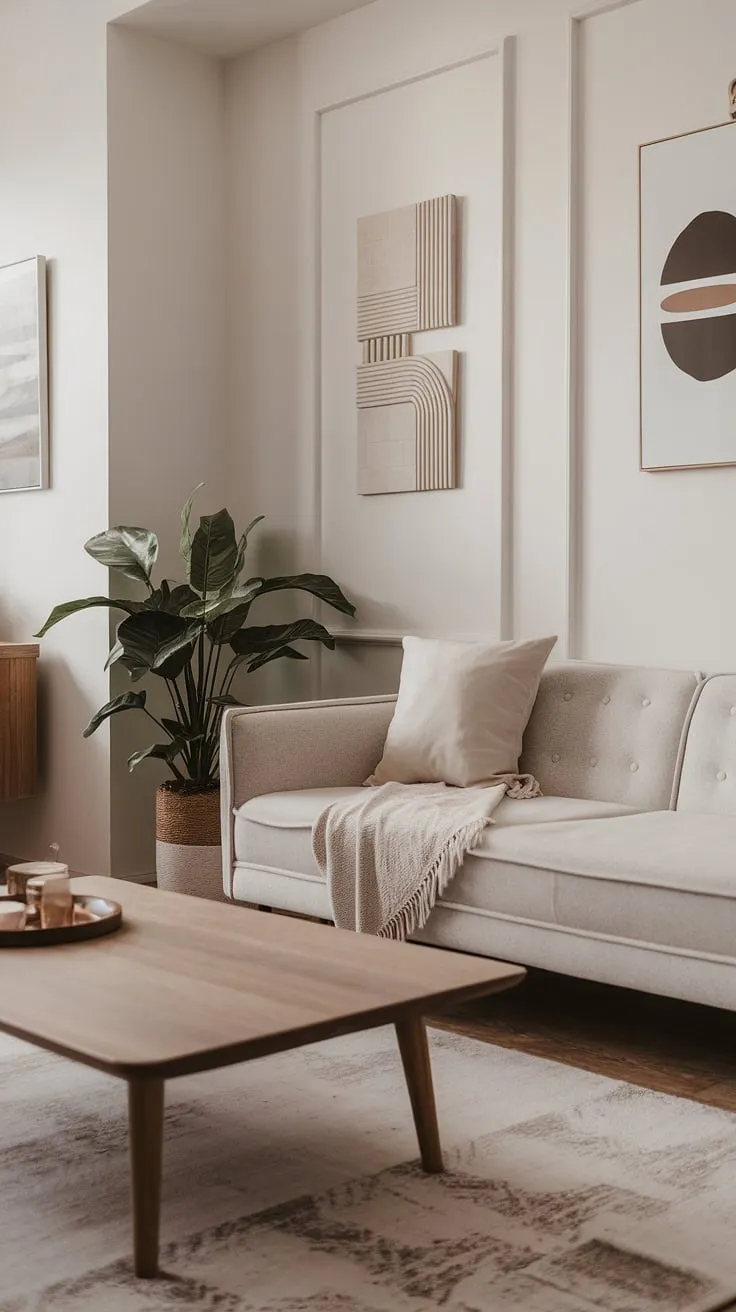 Clean lines and a neutral palette define this stunning contemporary living room.  The interior design is a masterclass in minimalist elegance, with living room decor that prioritizes comfort and style.  This home design perfectly balances modern art with natural elements, creating a house interior decor that is both sophisticated and serene.
