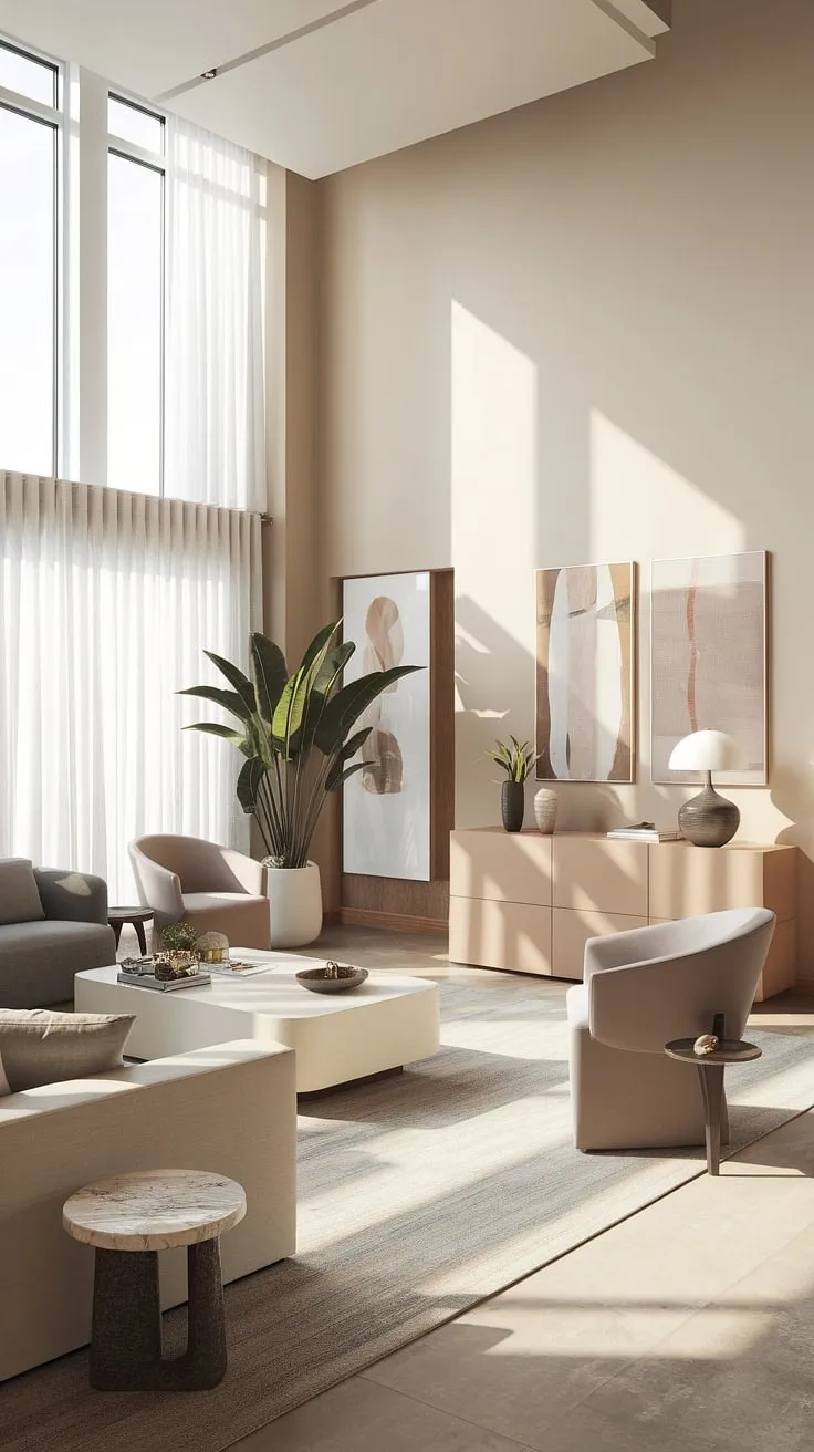 This stunning house interior decor exemplifies contemporary living room design at its finest.  The sophisticated blend of beige, grey, and white creates a calming and elegant ambiance.  Every piece of furniture, from the comfortable sofa to the stylish coffee table, contributes to the overall feeling of refined living room decor and thoughtful home design.