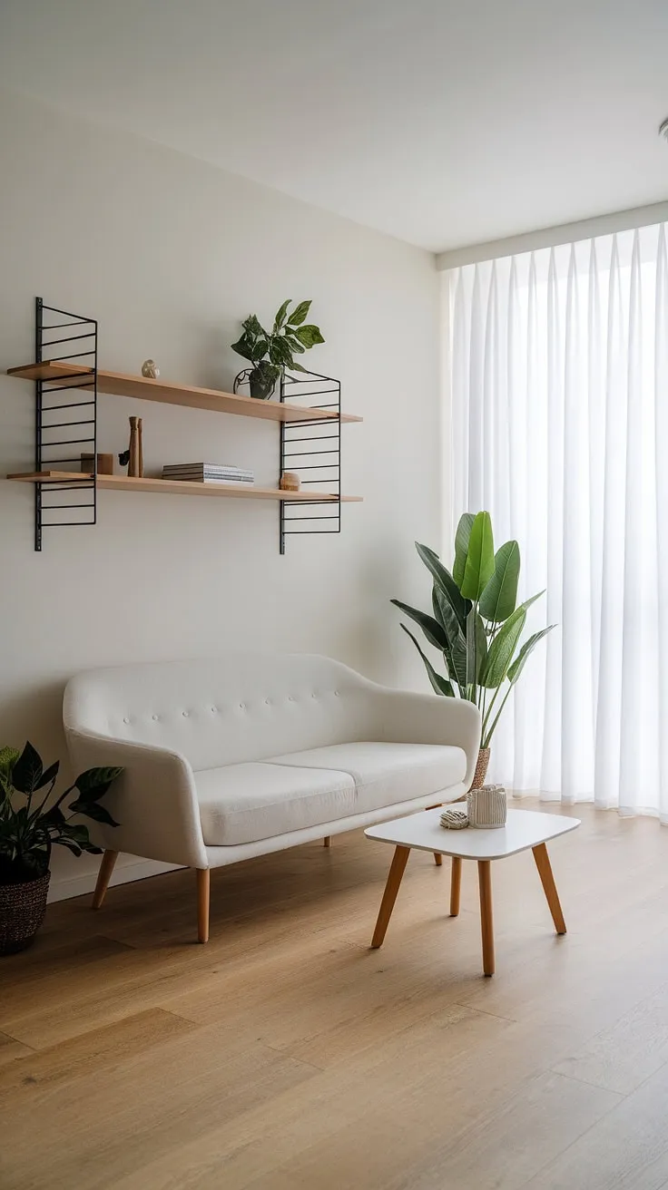 Clean lines and calming aesthetics define this contemporary living room.  The minimalist interior design, featuring light wood and pops of green, makes for a sophisticated and inviting living room decor.  This home design perfectly balances form and function.