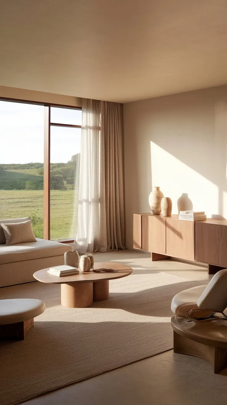 This contemporary living room is a masterclass in understated elegance. The neutral color scheme, paired with the natural light and stunning landscape view, creates a serene atmosphere.  The carefully curated living room decor and thoughtful home design elements showcase impeccable taste in house interior decor.