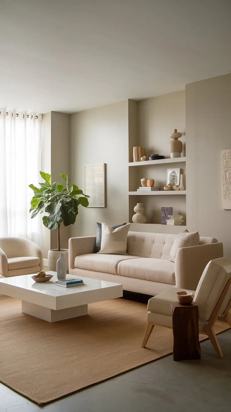 Sophisticated and calming, this contemporary living room is a masterclass in interior design.  The subtle color palette and considered placement of furniture and decor create a space that's both stylish and functional, reflecting the best in home design and house interior decor.