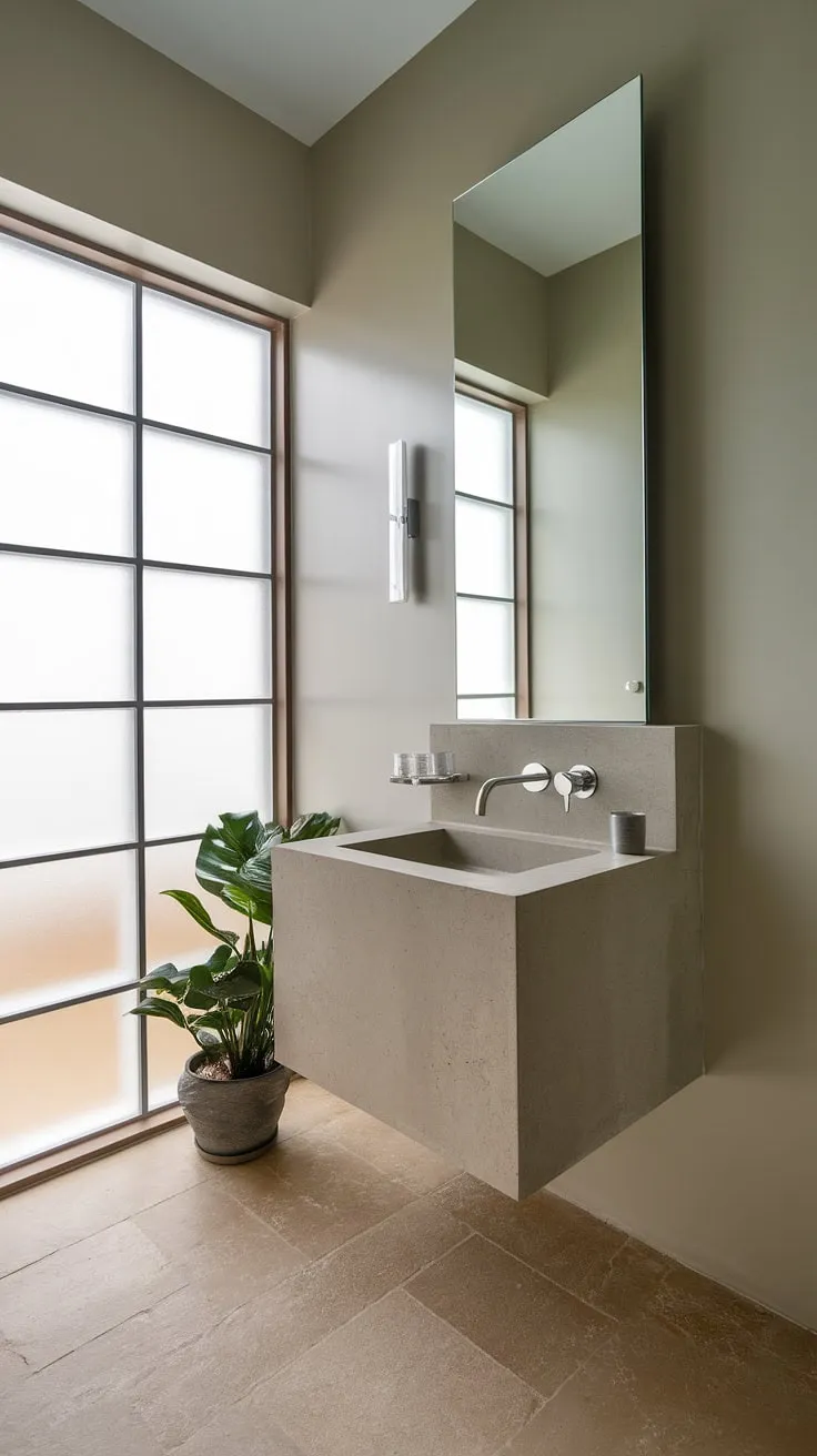 Luxury powder room ideas come to life in this ultra-modern powder room.  The minimalist bathroom vanity and thoughtful details, like the frosted window and potted plant, elevate this space to a haven of contemporary powder room design.