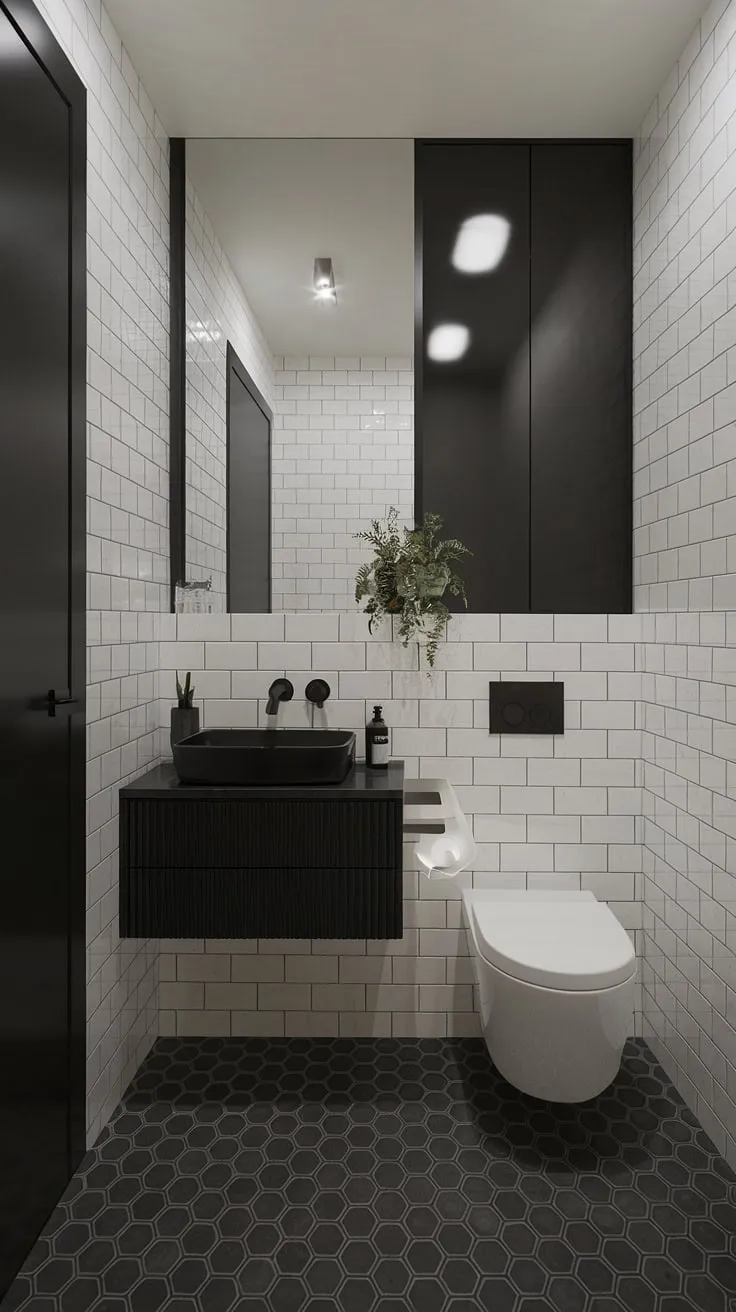 This contemporary powder room boasts a minimalist bathroom vanity and a striking black and white palette, showcasing the best in modern powder room design.  The ultra-modern powder room's luxury powder room ideas are evident in every detail, from the checkered floor to the carefully chosen plant.  A perfect example of powder room interior design.