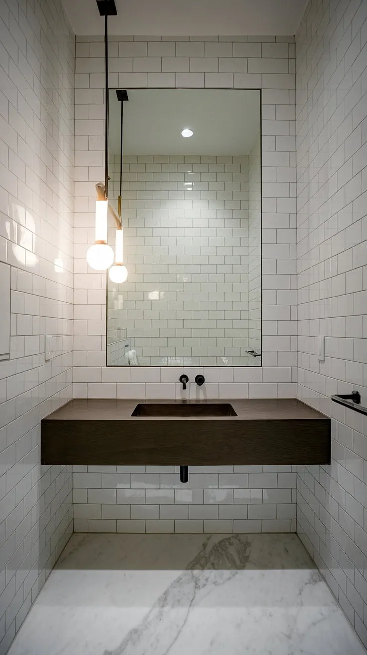 Clean lines and sophisticated simplicity define this ultra-modern powder room.  The minimalist bathroom vanity is a stunning centerpiece in this contemporary powder room, its dark wood a striking accent against the bright white backdrop.  Discover inspiring luxury powder room ideas with this modern powder room design.
