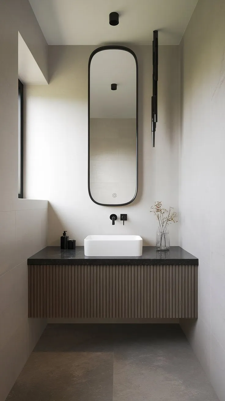 This contemporary powder room showcases the epitome of modern powder room design.  The minimalist bathroom vanity and sleek fixtures create an ultra-modern powder room, offering a wealth of luxury powder room ideas for the discerning homeowner.  A masterclass in powder room interior design.