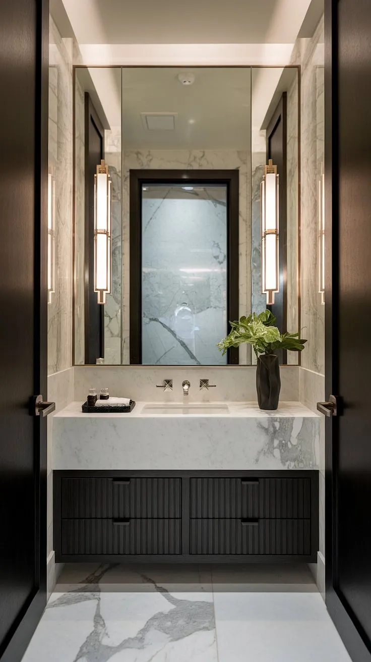 This contemporary powder room boasts a minimalist bathroom vanity, showcasing the epitome of modern powder room design.  Luxury powder room ideas are effortlessly realized in this ultra-modern powder room's refined interior design.