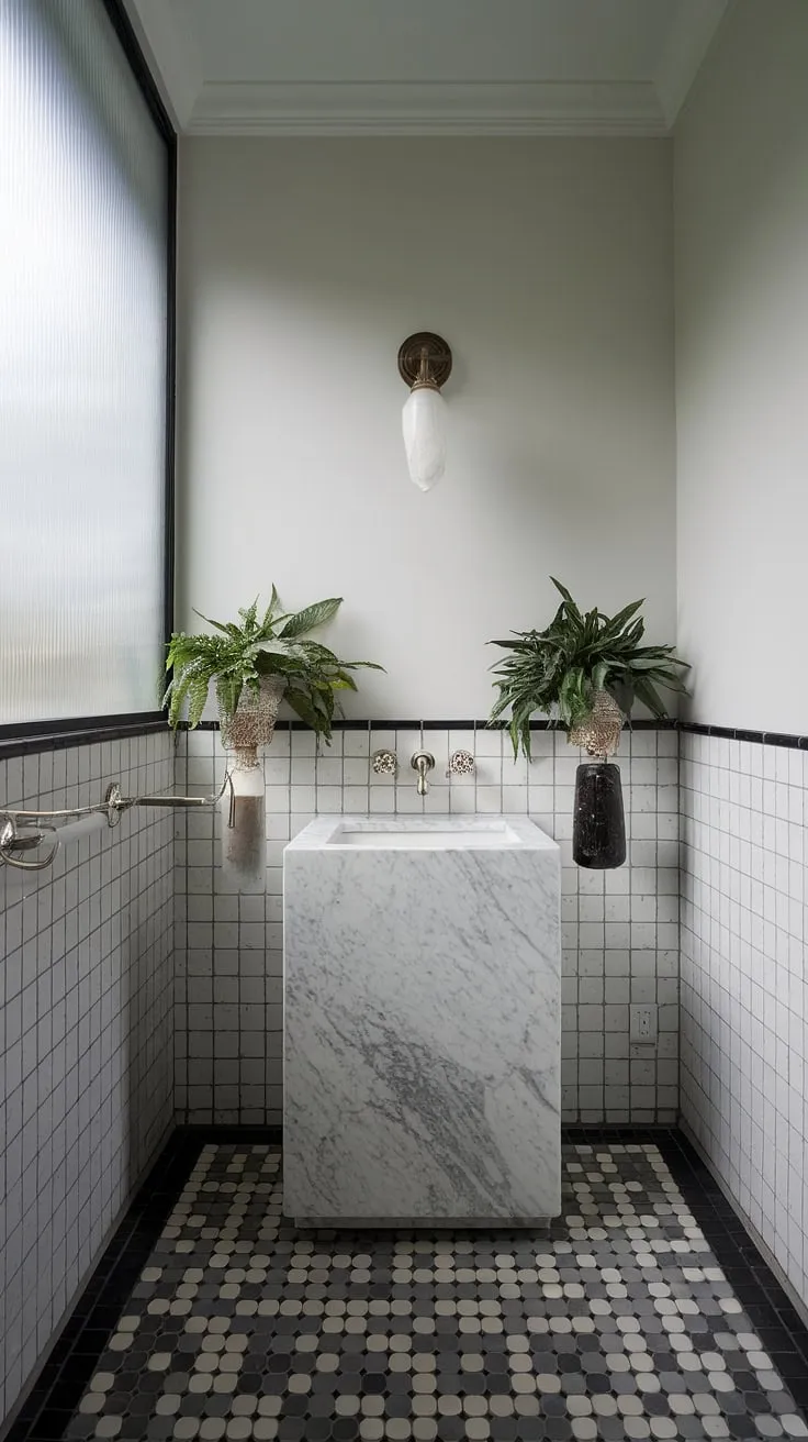 Experience the height of luxury with this ultra-modern powder room.  The minimalist bathroom vanity is a statement piece in this contemporary powder room, reflecting the best in modern powder room design and offering a wealth of luxury powder room ideas for your own powder room interior design project.