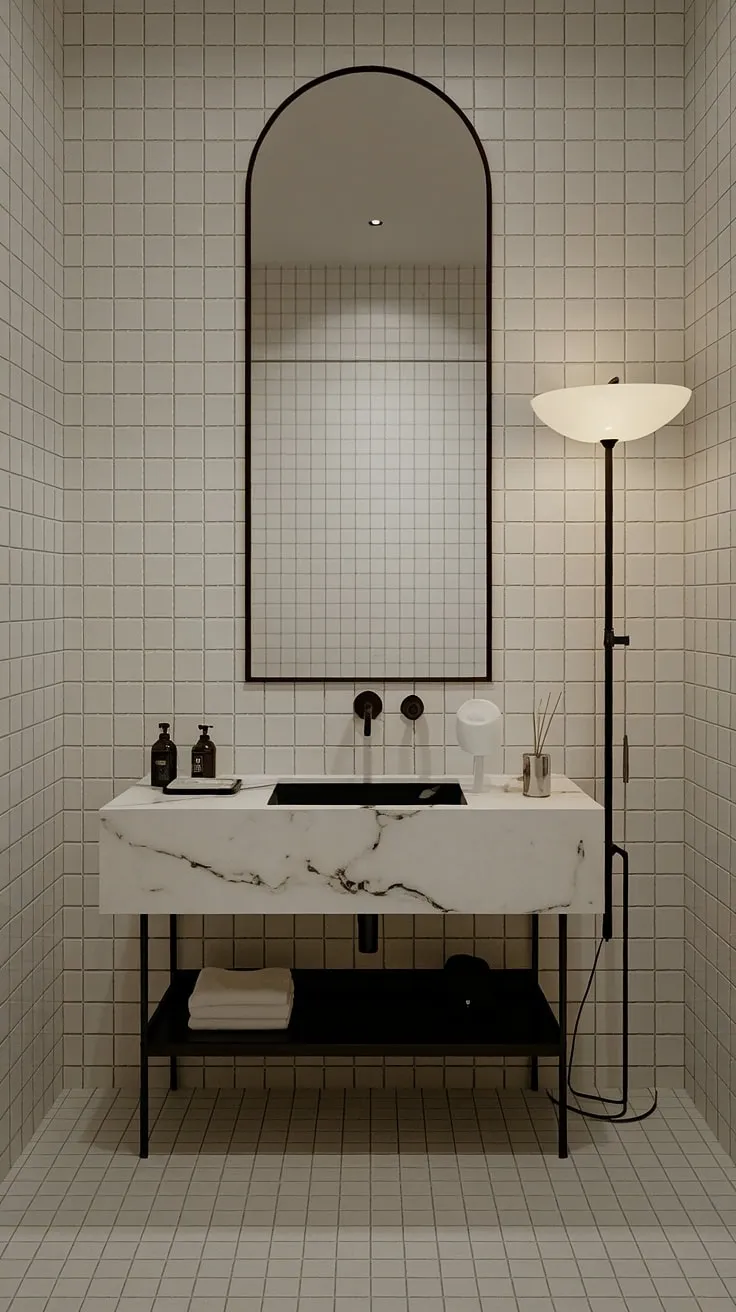 This contemporary powder room showcases the epitome of modern powder room design.  The minimalist bathroom vanity, complete with a sleek black sink and luxurious white marble countertop, is a statement piece in this ultra-modern powder room.  Luxury powder room ideas are effortlessly achieved through the clean lines and sophisticated materials.  The result is a powder room interior design that is both functional and breathtaking.