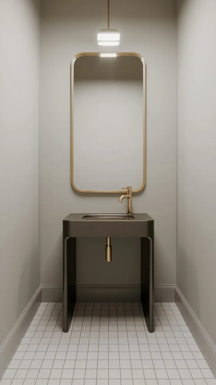 Experience the epitome of modern powder room design in this ultra-modern powder room.  A minimalist bathroom vanity in sleek black, accented by a golden faucet and mirror frame, creates a luxurious and sophisticated atmosphere. This powder room interior design is the perfect blend of contemporary style and functional luxury, offering inspiring ideas for your own space.