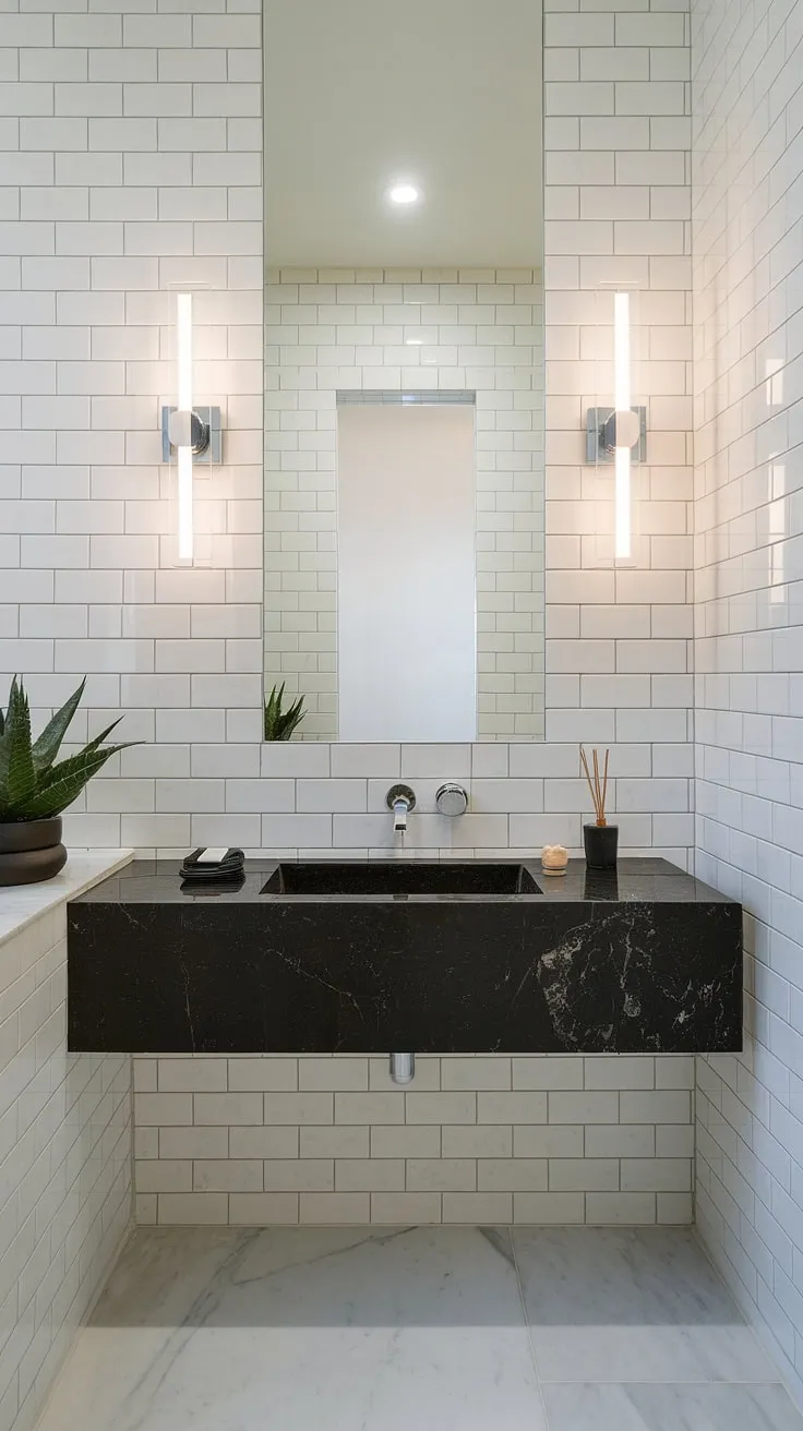 Experience the height of luxury with this ultra modern powder room.  The minimalist bathroom vanity is a stunning centerpiece in this contemporary powder room, reflecting the best in modern powder room design and offering exceptional powder room interior design.  Discover endless luxury powder room ideas within this sophisticated space.