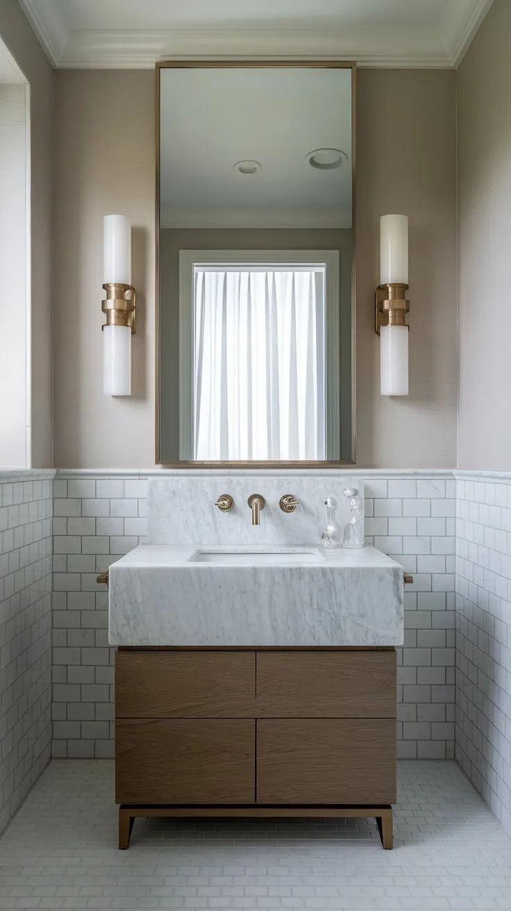 This contemporary powder room boasts a minimalist bathroom vanity, showcasing the epitome of modern powder room design.  Luxury powder room ideas are realized in this ultra-modern powder room's sophisticated powder room interior design.