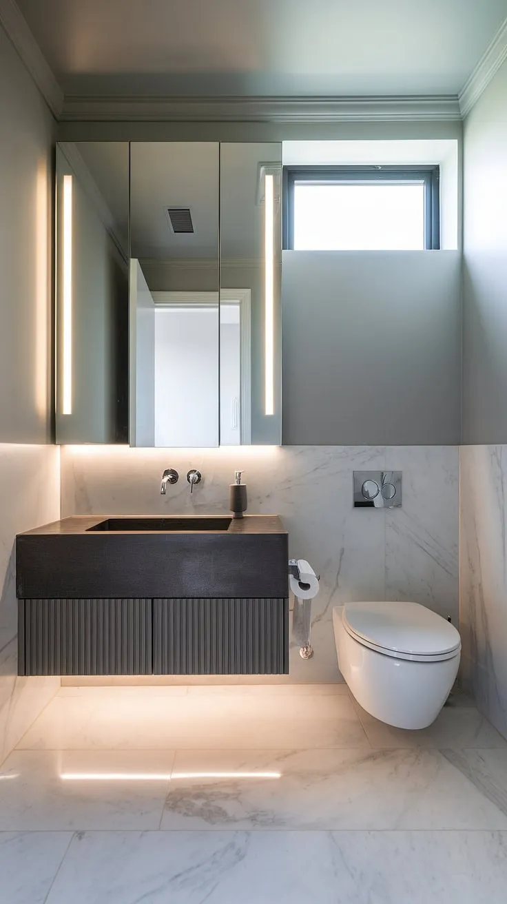 Experience the height of luxury with this ultra-modern powder room.  The minimalist bathroom vanity perfectly complements the contemporary powder room's sleek design, offering inspiration for your own powder room interior design and modern powder room design projects.