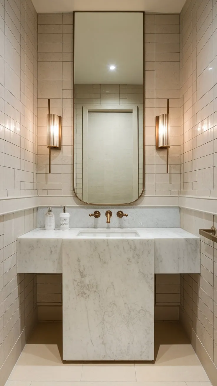 This contemporary powder room boasts a minimalist bathroom vanity, showcasing the epitome of modern powder room design.  Luxury powder room ideas are effortlessly realized in this ultra-modern powder room's refined interior design.