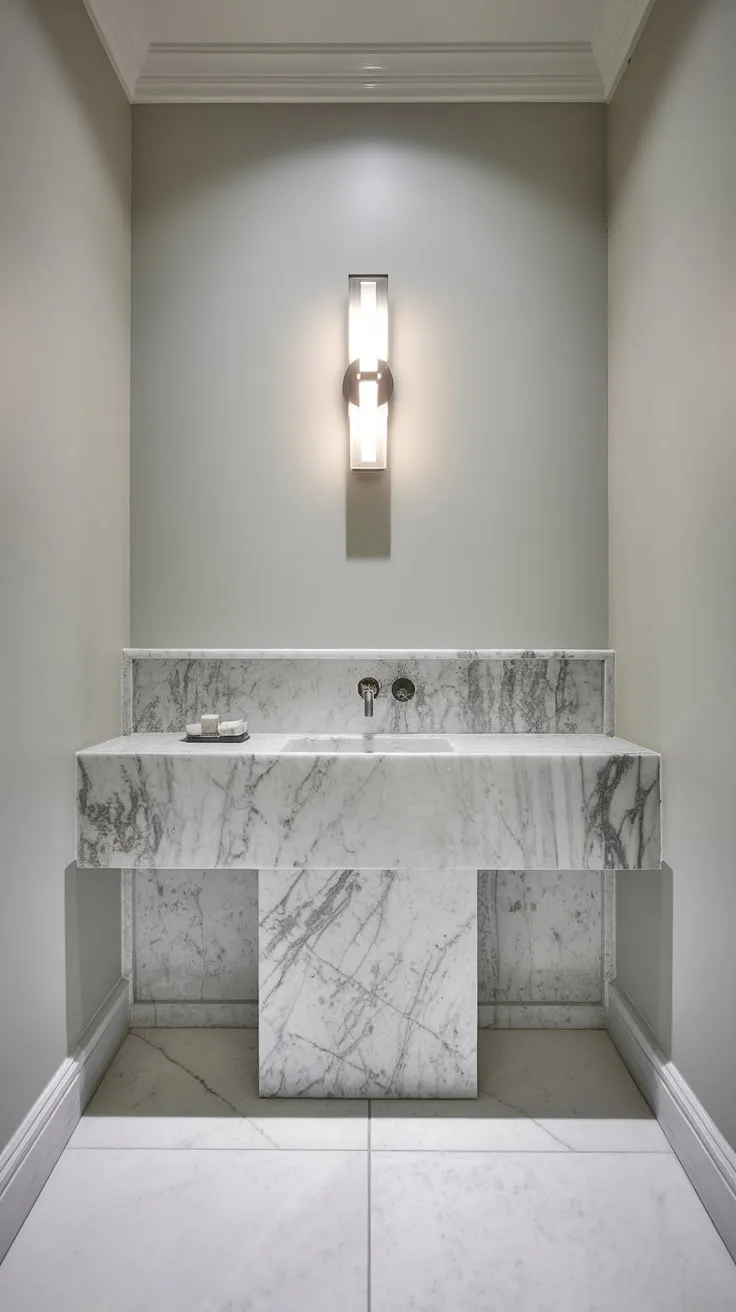 Experience the height of luxury with this ultra-modern powder room.  The minimalist bathroom vanity perfectly complements the contemporary powder room's sophisticated powder room interior design, offering inspiration for your own modern powder room design.