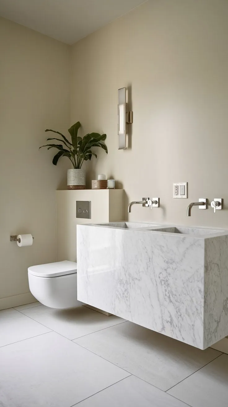 Experience the height of luxury with this ultra-modern powder room.  The minimalist bathroom vanity perfectly complements the contemporary powder room's sleek design, offering inspiration for your own powder room interior design and modern powder room design projects.