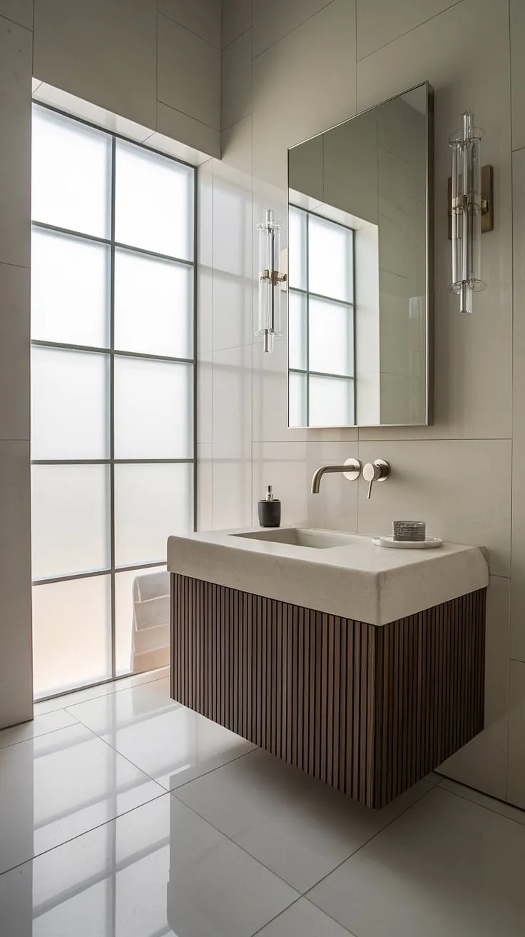 Experience the epitome of luxury with this ultra-modern powder room.  The minimalist bathroom vanity is a stunning centerpiece in this contemporary powder room, reflecting the latest trends in modern powder room design and offering inspiring powder room interior design ideas.