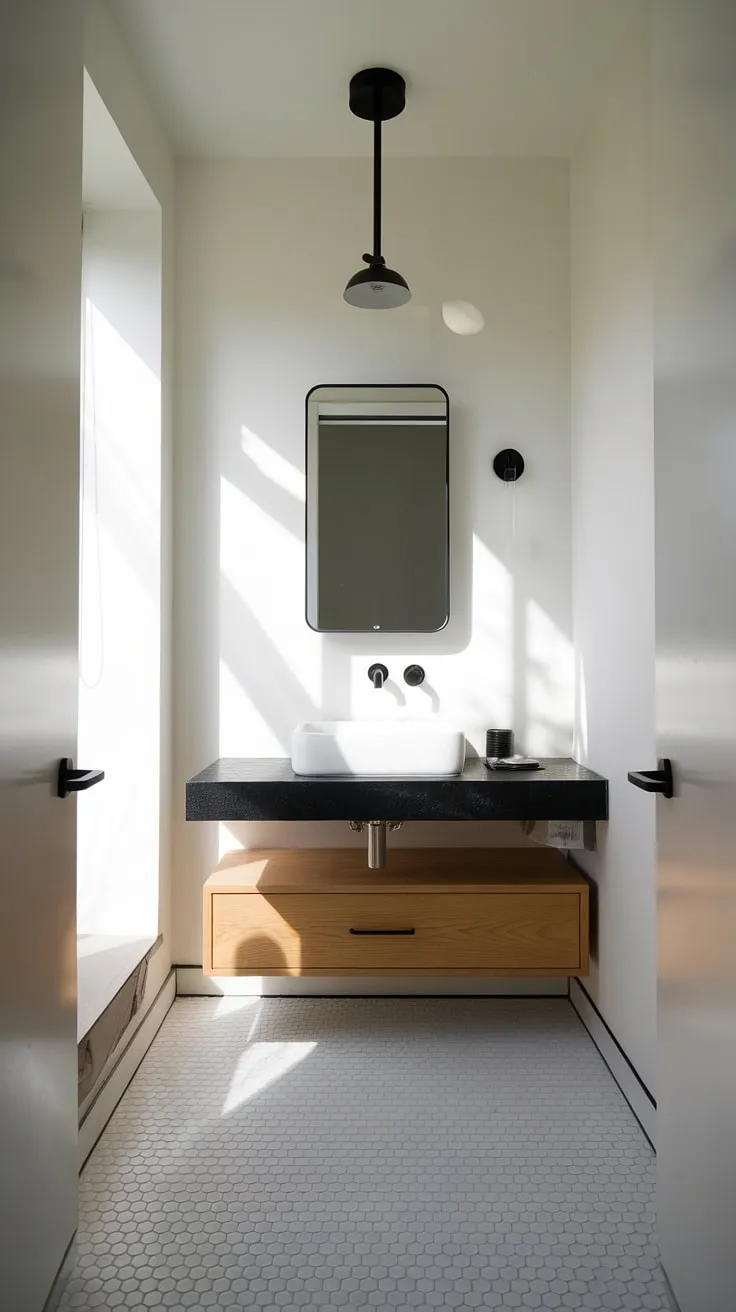Experience the epitome of luxury with this ultra-modern powder room.  The minimalist bathroom vanity perfectly complements the contemporary powder room's sophisticated powder room interior design, offering inspiration for your own modern powder room design.