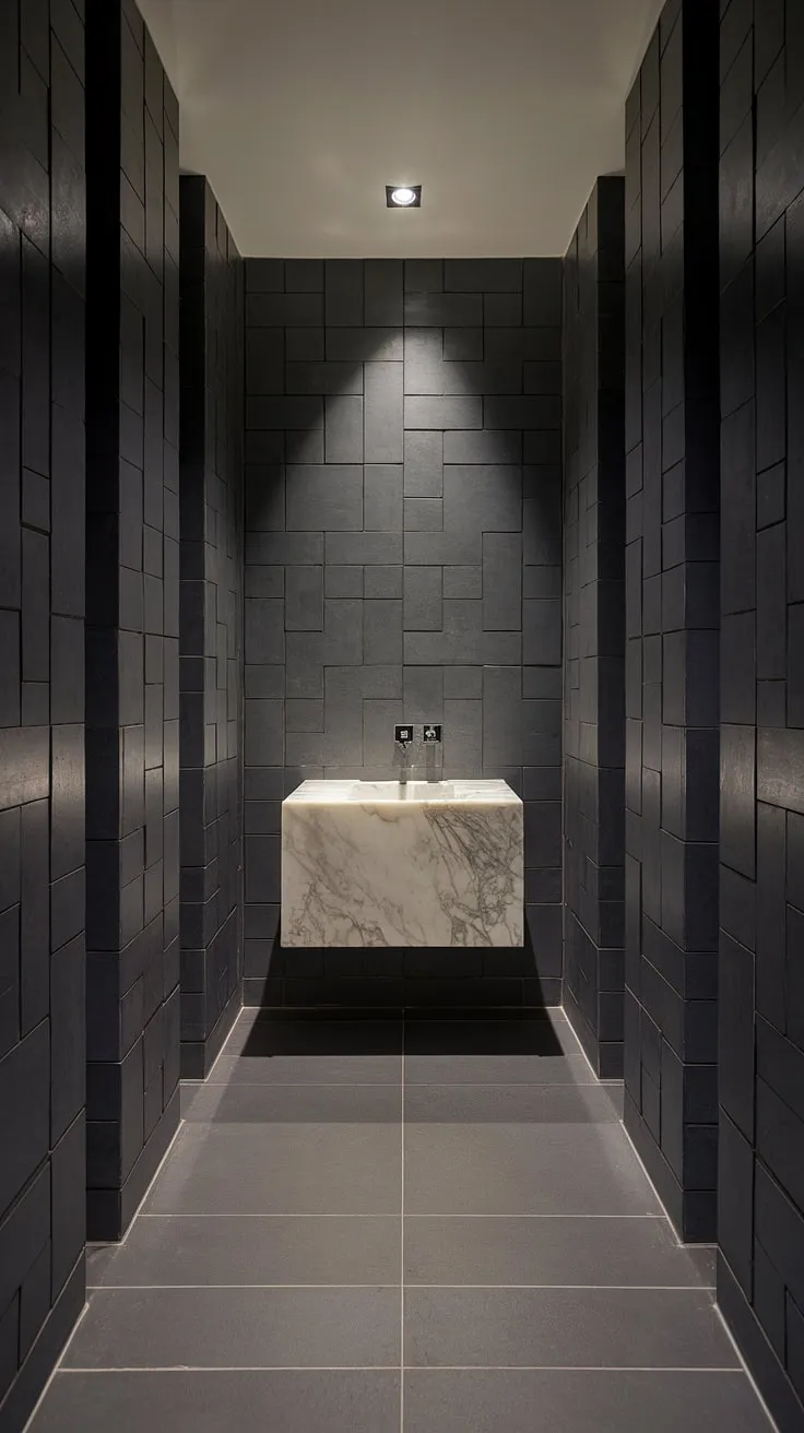 Experience the height of luxury with this ultra-modern powder room.  The minimalist bathroom vanity perfectly complements the contemporary powder room's sleek design, offering inspiration for your own powder room interior design and modern powder room design projects.