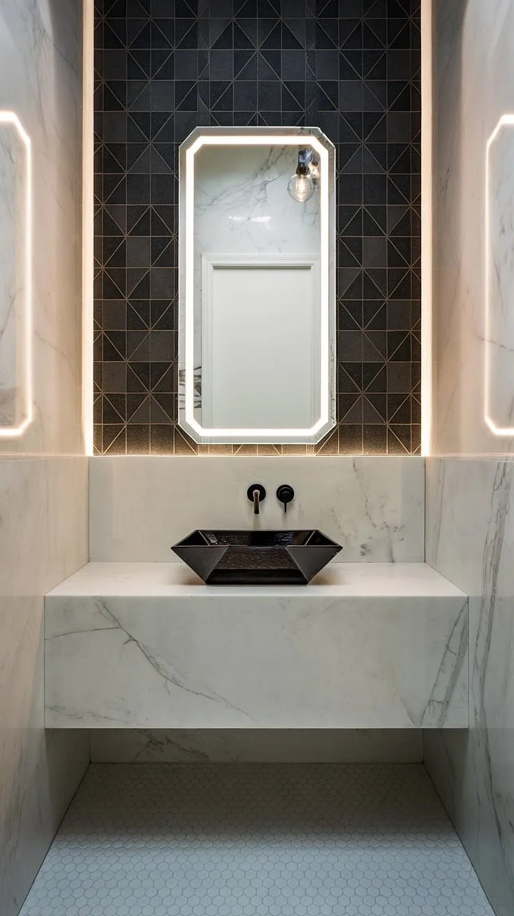 This contemporary powder room boasts a minimalist bathroom vanity, showcasing the epitome of modern powder room design.  Luxury powder room ideas are effortlessly realized in this ultra-modern powder room's sophisticated interior design.