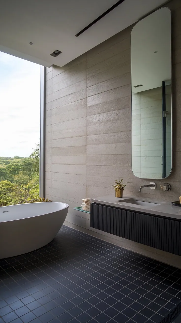 Indulge in the sophisticated simplicity of this ultra-modern powder room.  The powder room interior design showcases a minimalist bathroom vanity and a striking oval tub, perfectly complementing the grey concrete wall and black and white tiled floor. This luxury powder room design offers a contemporary powder room experience, complete with a serene landscape view.