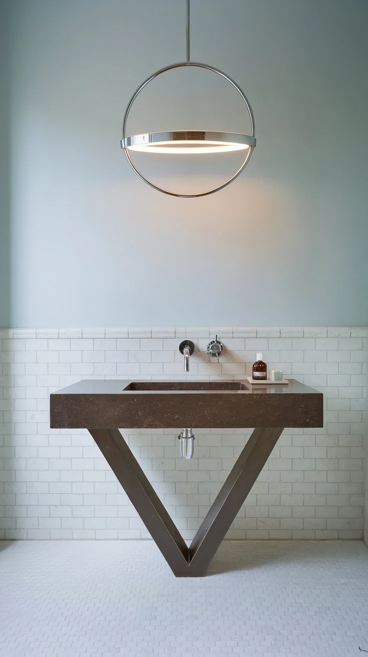 This ultra-modern powder room is a study in minimalist design.  The sleek lines of the modern powder room design, highlighted by the minimalist bathroom vanity and soft blue walls, offer a luxurious and inviting escape. Explore these luxury powder room ideas for your own space.