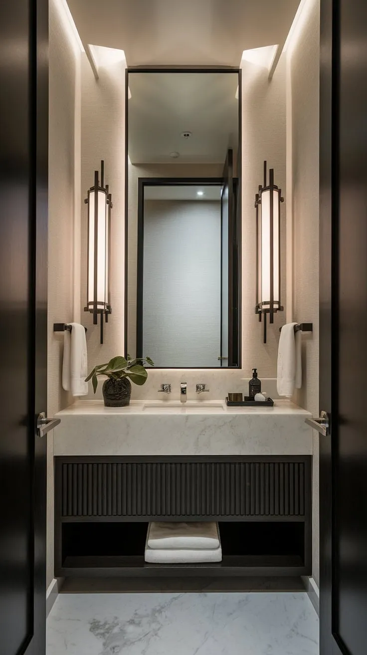 Experience the refined elegance of this ultra-modern powder room.  The minimalist bathroom vanity is a statement piece in this contemporary powder room, offering a masterclass in luxury powder room ideas and modern powder room design.  Every detail of the powder room interior design is thoughtfully considered.