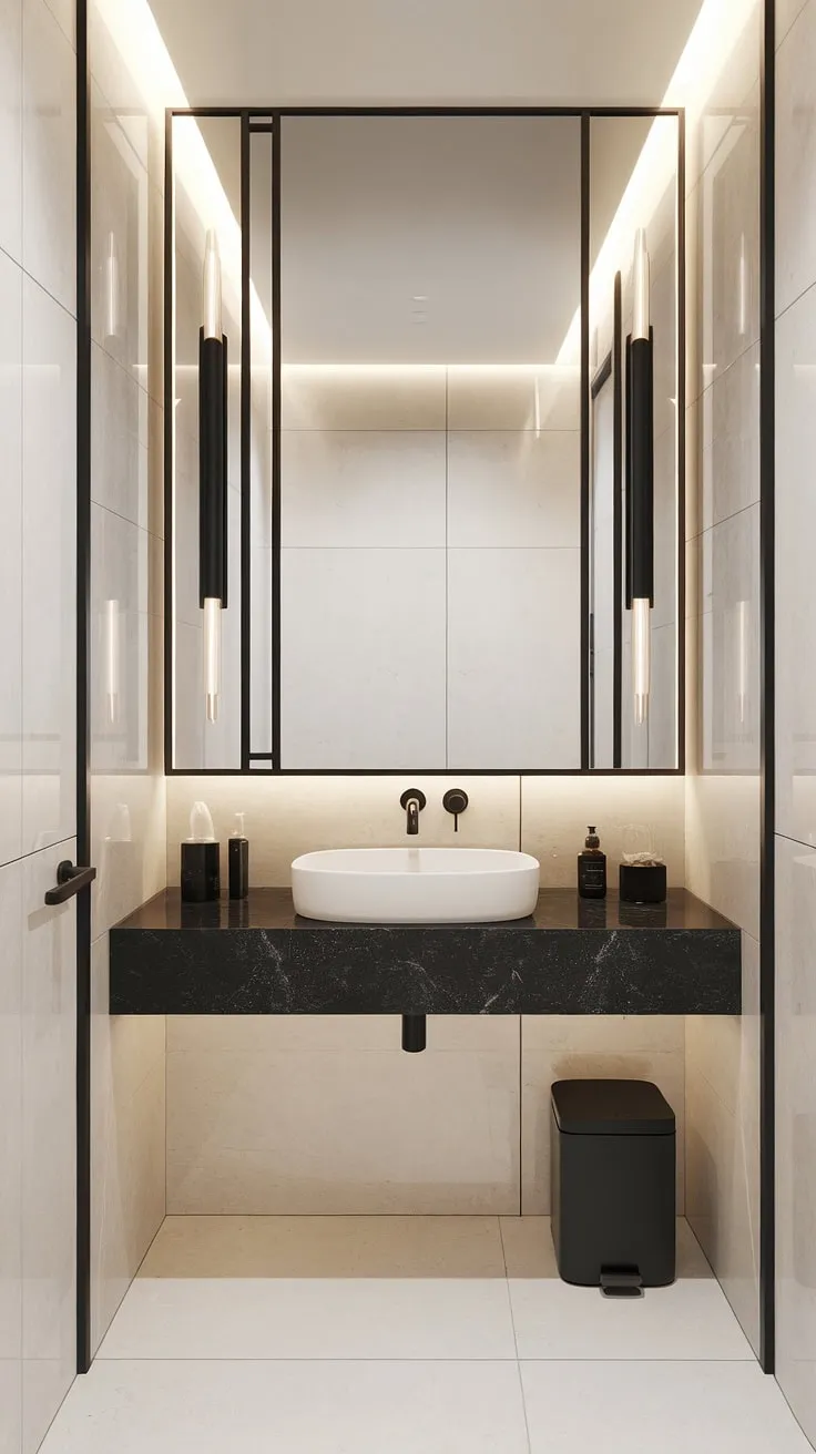 This contemporary powder room showcases the epitome of modern powder room design.  A minimalist bathroom vanity anchors the space, contributing to the ultra-modern powder room aesthetic.  Luxury powder room ideas are realized through meticulous attention to detail in this stunning powder room interior design.