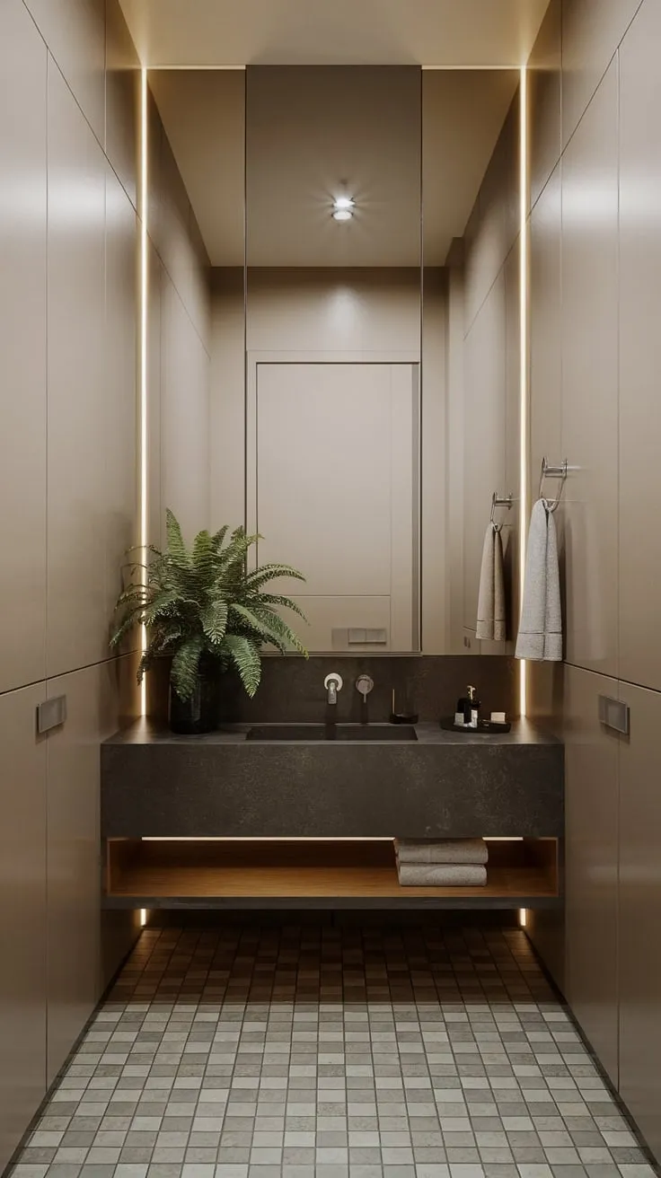 This contemporary powder room boasts a minimalist bathroom vanity, showcasing the epitome of modern powder room design.  Luxury powder room ideas are effortlessly realized in this ultra-modern powder room's refined interior design.