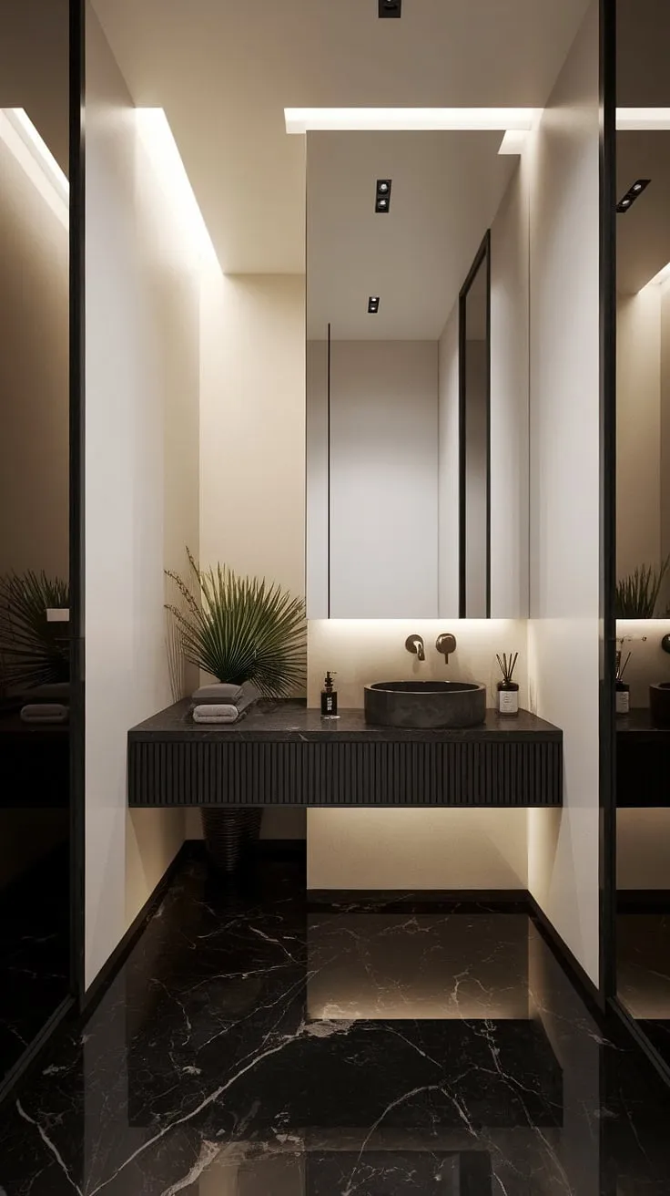 This contemporary powder room showcases the epitome of modern powder room design.  A minimalist bathroom vanity anchors the space, creating an ultra-modern powder room that's brimming with luxury powder room ideas.  The meticulous powder room interior design is truly inspiring.