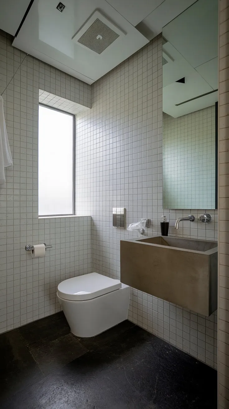 Luxury powder room ideas come to life in this ultra-modern powder room.  The sleek lines of the minimalist bathroom vanity and sophisticated tilework define contemporary powder room design at its finest.
