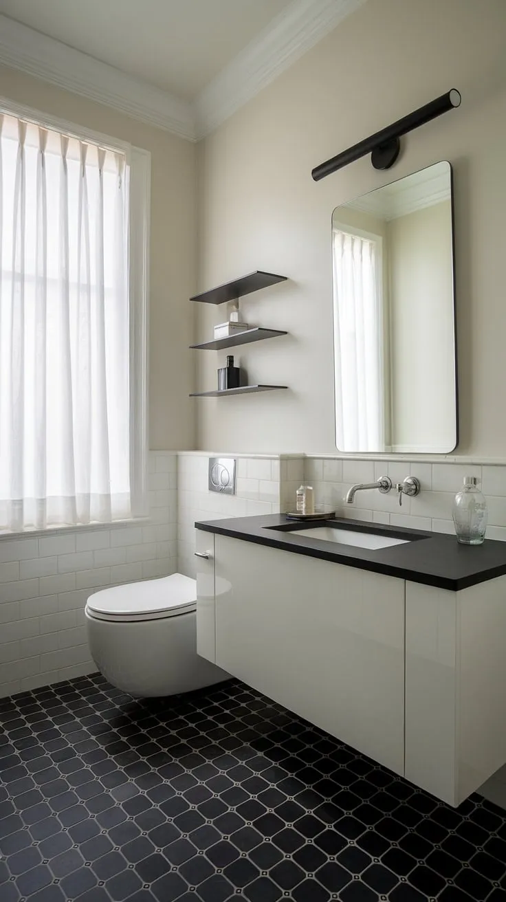 Experience the epitome of modern powder room design in this ultra-modern powder room.  The minimalist bathroom vanity and sleek lines create a luxury powder room, offering inspiration for your own powder room interior design. This contemporary powder room is a study in understated elegance.