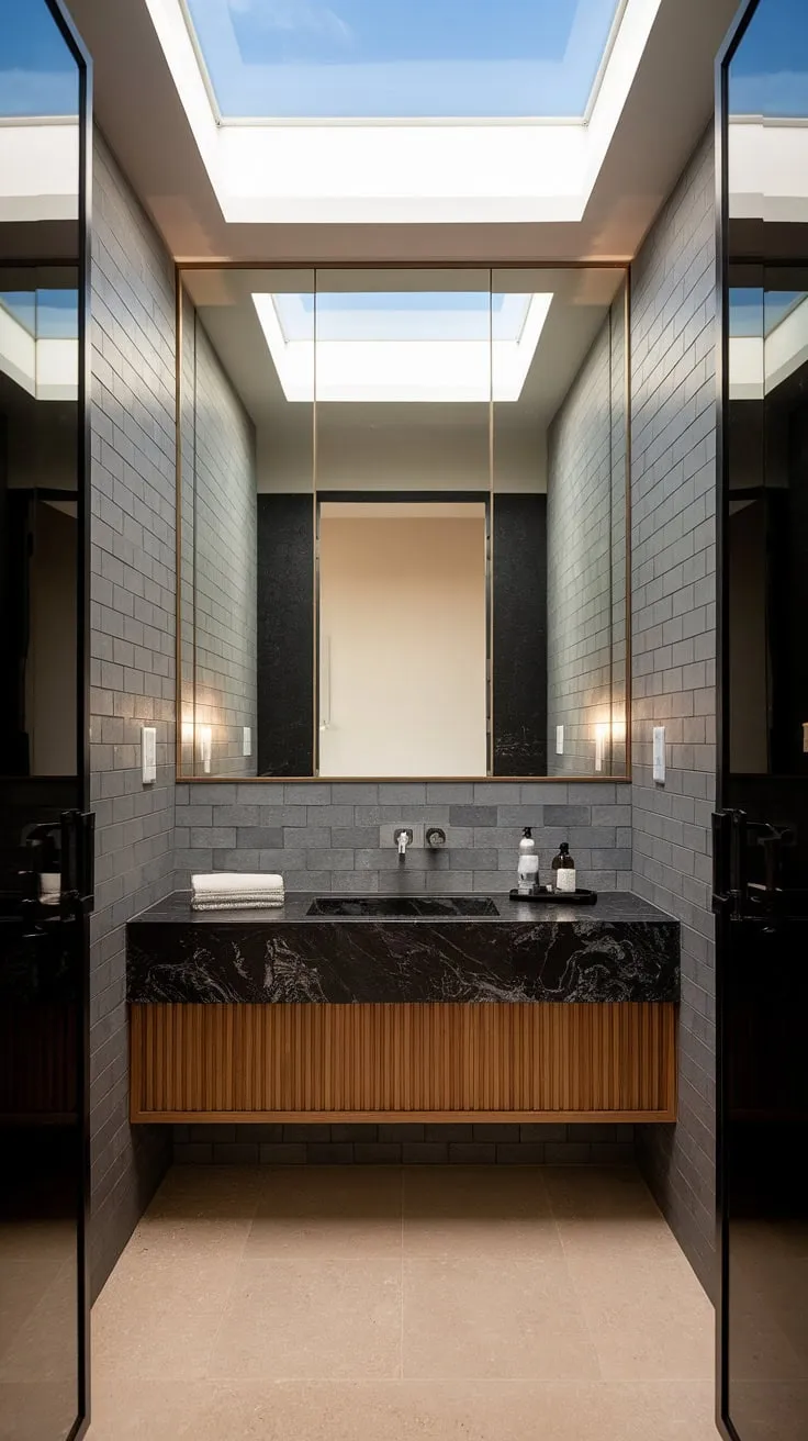 This contemporary powder room showcases the epitome of modern powder room design.  The minimalist bathroom vanity anchors the space, creating a serene and ultra-modern powder room experience.  Luxury powder room ideas are effortlessly realized in this sophisticated powder room interior design.