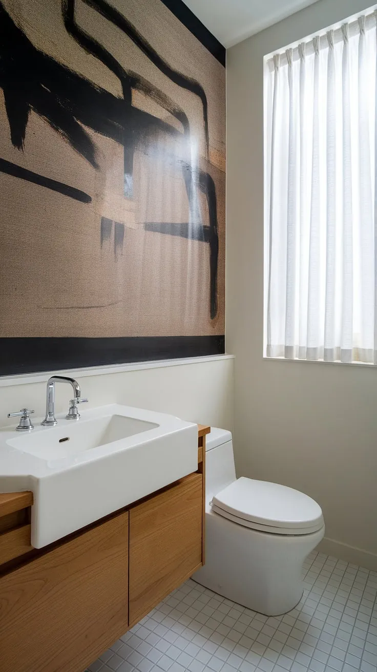 Luxury powder room ideas come to life in this space.  The minimalist bathroom vanity and white-on-white palette create a serene atmosphere, while the abstract artwork adds a touch of unexpected drama to this ultra modern powder room's design.  A perfect example of sophisticated powder room interior design.