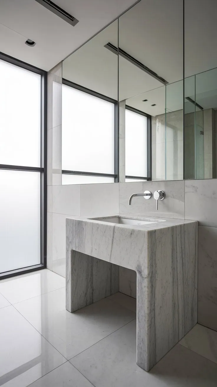 Experience the height of luxury with this ultra-modern powder room.  The minimalist bathroom vanity and sophisticated details define modern powder room design, providing exceptional powder room interior design ideas for your next project.