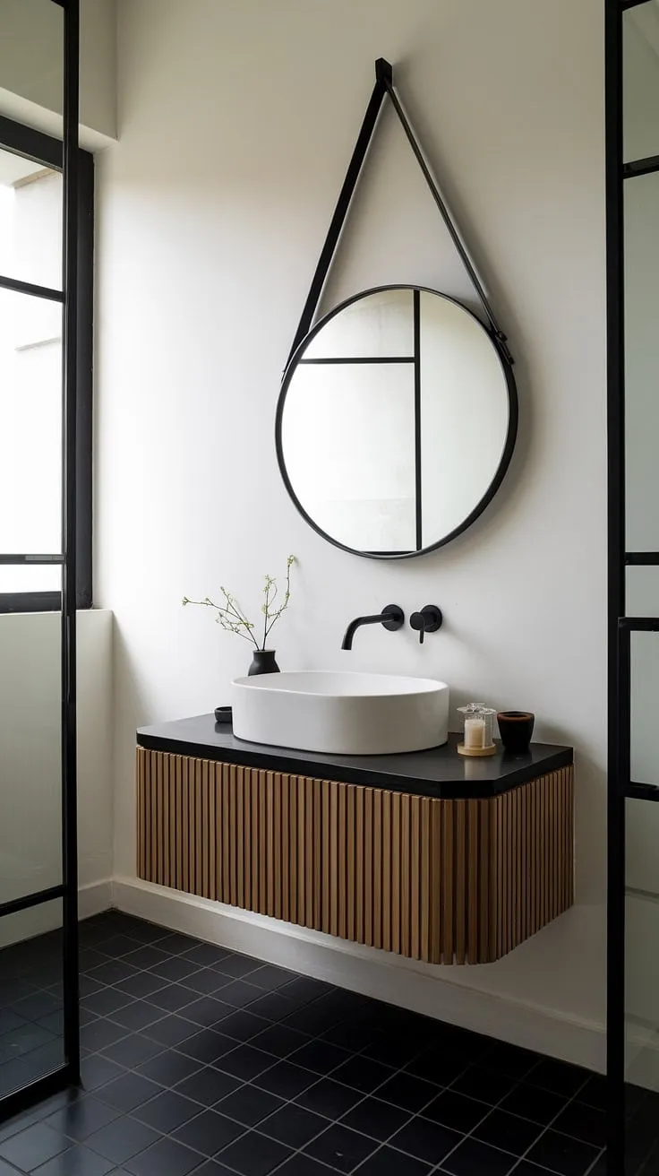 Experience the epitome of luxury with this ultra-modern powder room.  The minimalist bathroom vanity perfectly complements the contemporary powder room's sophisticated powder room interior design, offering inspiration for your own modern powder room design.