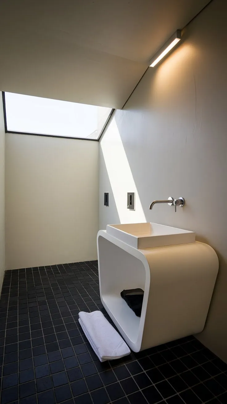 Experience the height of luxury with this ultra-modern powder room.  The minimalist bathroom vanity perfectly complements the powder room interior design, creating a stunning example of contemporary powder room and modern powder room design.