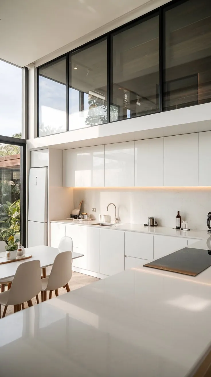 A luxury white kitchen doesn't need to be large. This modern white kitchen showcases how clean white cabinets and a white and glass aesthetic can transform a small white kitchen into a stunning, minimalist space, brimming with contemporary style and sophisticated design.