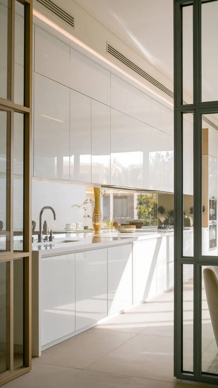 Bathed in natural light, this contemporary white kitchen showcases the elegance of a minimalist design.  Clean white cabinets and a white and glass aesthetic create a luxury white kitchen feel, perfect for modern kitchen ideas, even in a small white kitchen space.