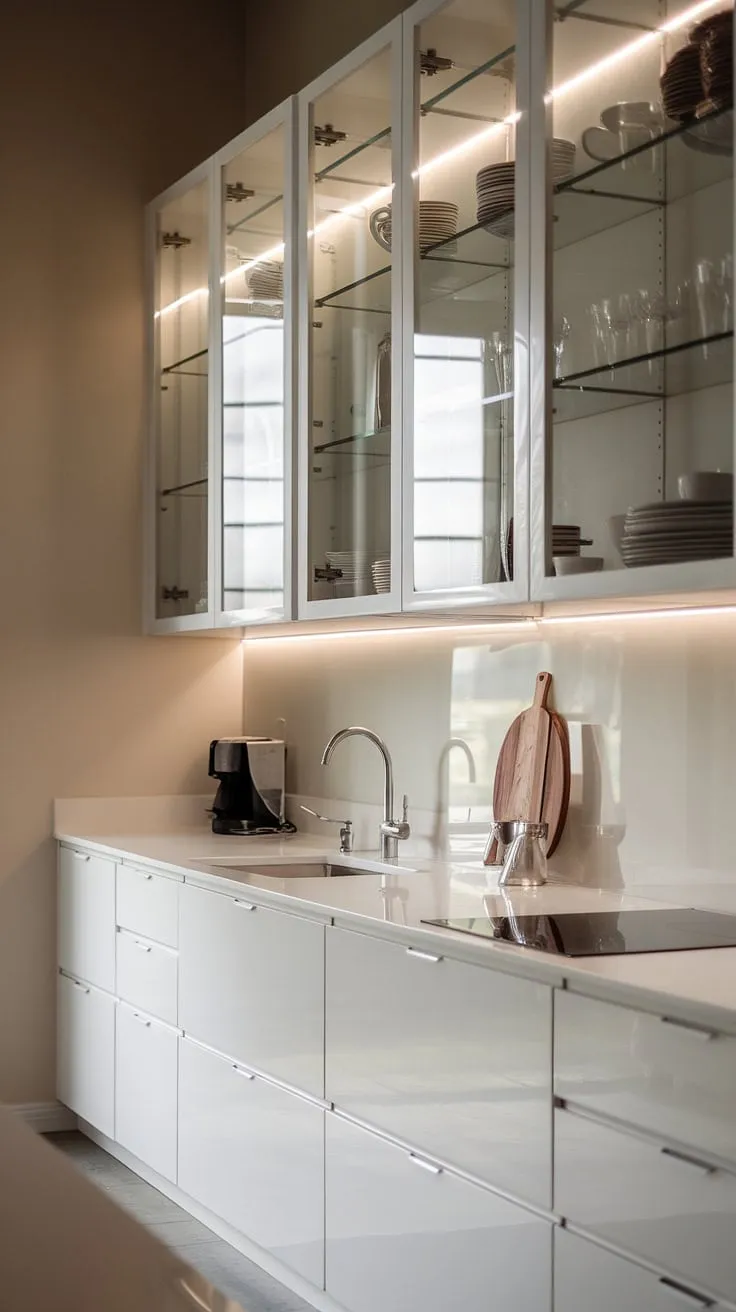 Modern white kitchen goals! This white and glass kitchen is a masterclass in minimalist design.  The clean white kitchen cabinets maximize space and light, creating a sophisticated and functional luxury white kitchen.  Perfect inspiration for modern kitchen ideas white, even in a small white kitchen.