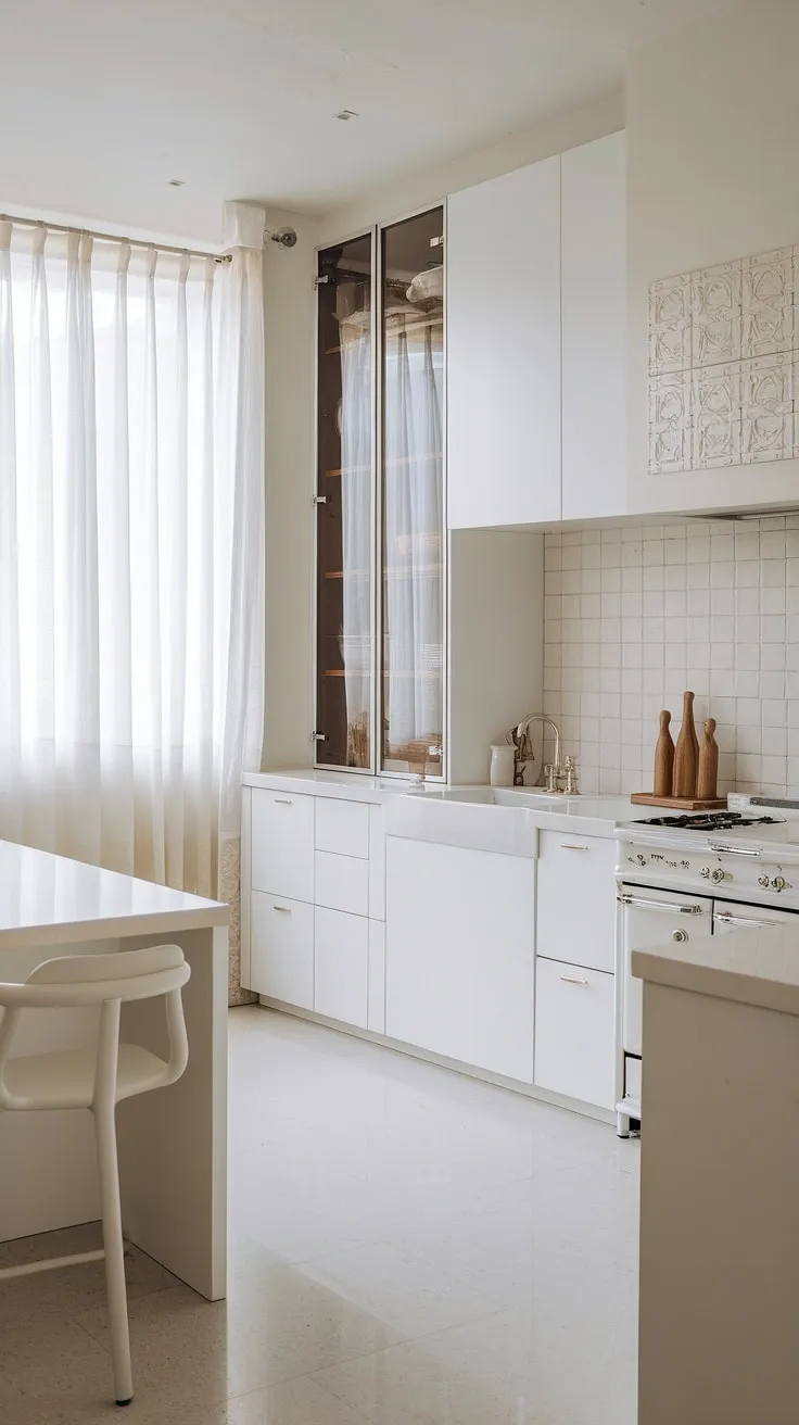 This contemporary white kitchen, with its clean white cabinets and minimalist design, maximizes space and light, proving that even a small white kitchen can feel luxurious.  The white and glass elements create a bright, airy atmosphere, offering inspiration for modern kitchen ideas in white.