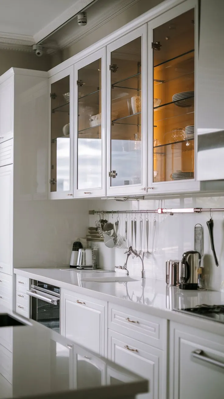 This contemporary white kitchen, with its clean white cabinets and glass-fronted upper units, maximizes space and light in a small footprint.  The minimalist design and high-end appliances create a luxury feel, showcasing the best in modern kitchen ideas white.