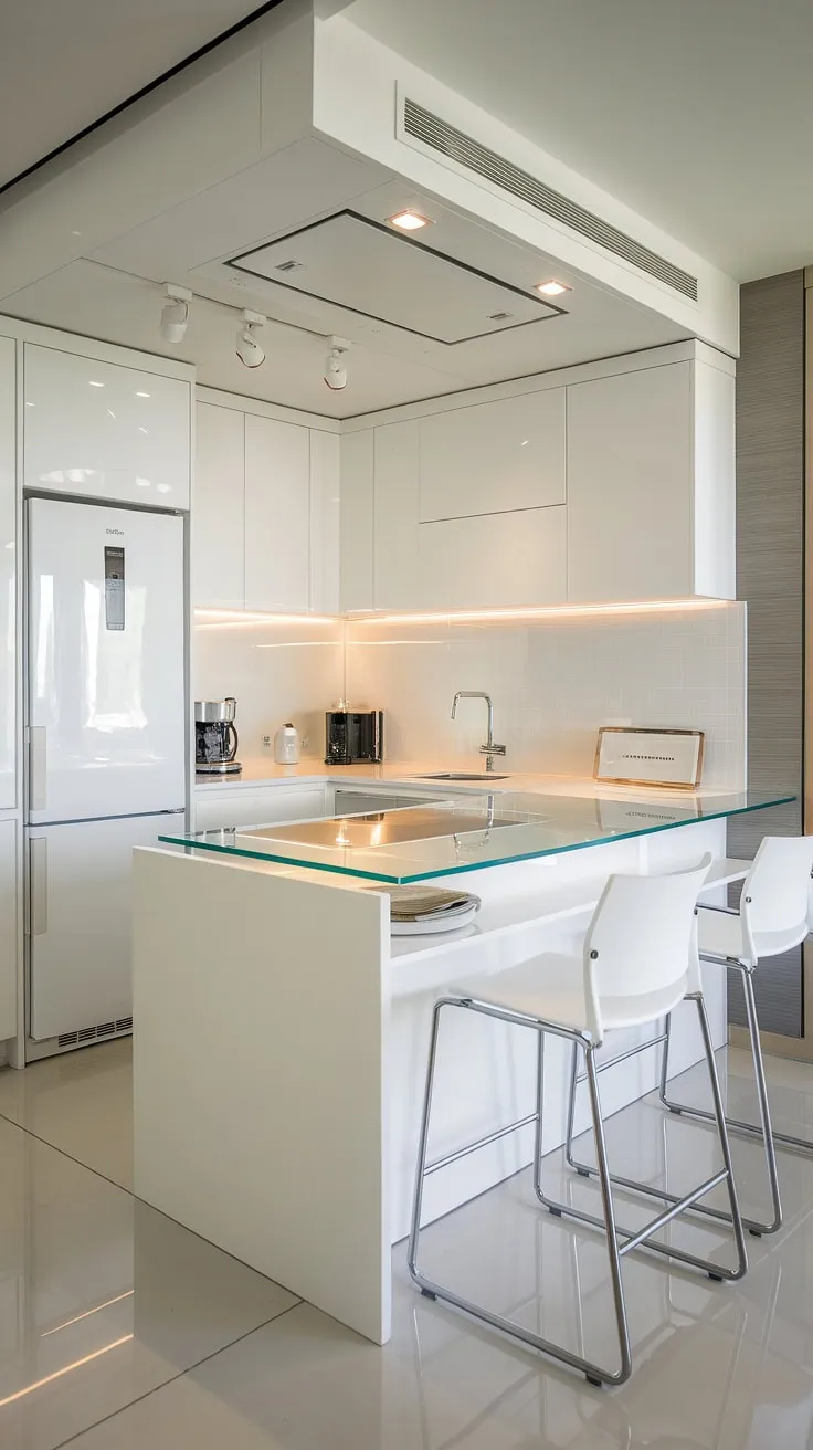 This contemporary white kitchen, a study in minimalist white cabinets and glass, redefines small space living.  The clean white kitchen cabinets and luxurious feel create a bright, airy haven, showcasing the best of modern kitchen ideas in white.