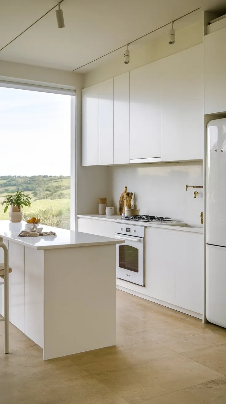 A luxury white kitchen doesn't need to be large. This modern white kitchen showcases how minimalist white cabinets and a white and glass aesthetic can transform a small white kitchen into a stunning, clean and contemporary space, brimming with modern kitchen ideas.